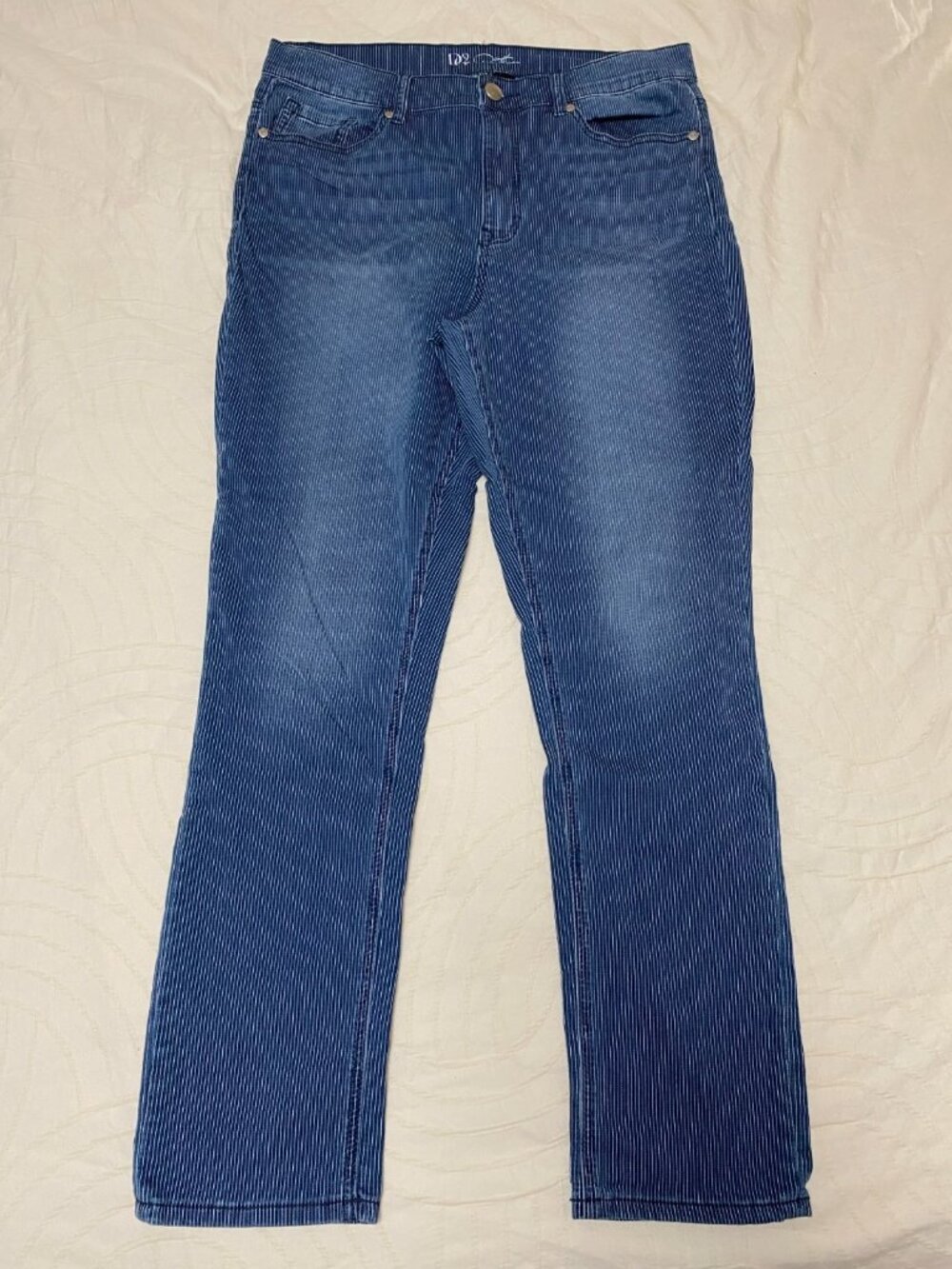 DG2 Diane Gilman Blue  Stretch Straight Leg Jeans With White Stripes Sz 14 Tall